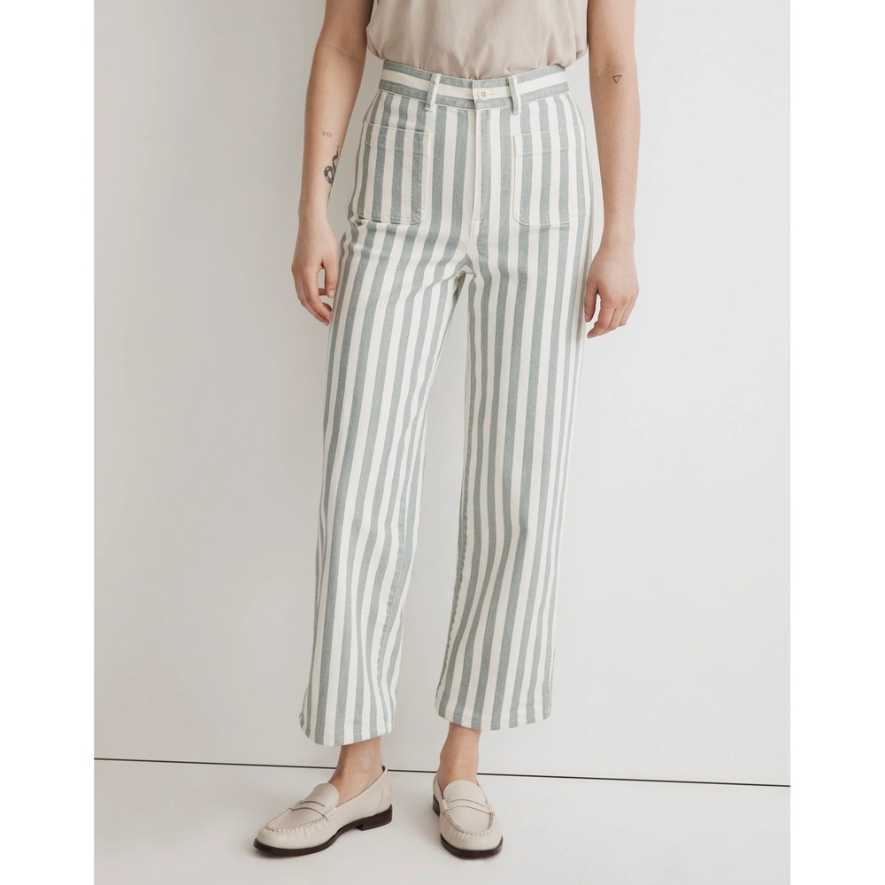 Madewell Emmett 2.0 Wide Leg‎ Crop Pants Green + Ivory Striped SZ 23